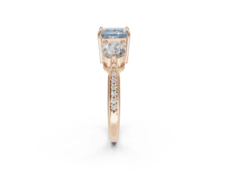 Princess Cut Three Stone Engagement Ring Setting for a Fancy Blue Lab-Grown Diamond | Tapered Pave Band | Rose Gold