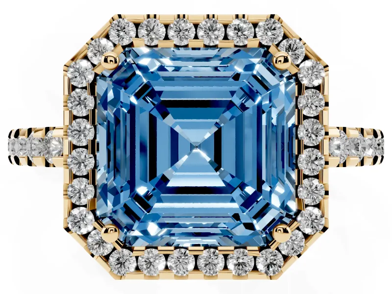 Asscher Cut Pave Halo Engagement Ring Setting for a Fancy Blue Lab-Grown Diamond | Yellow Gold