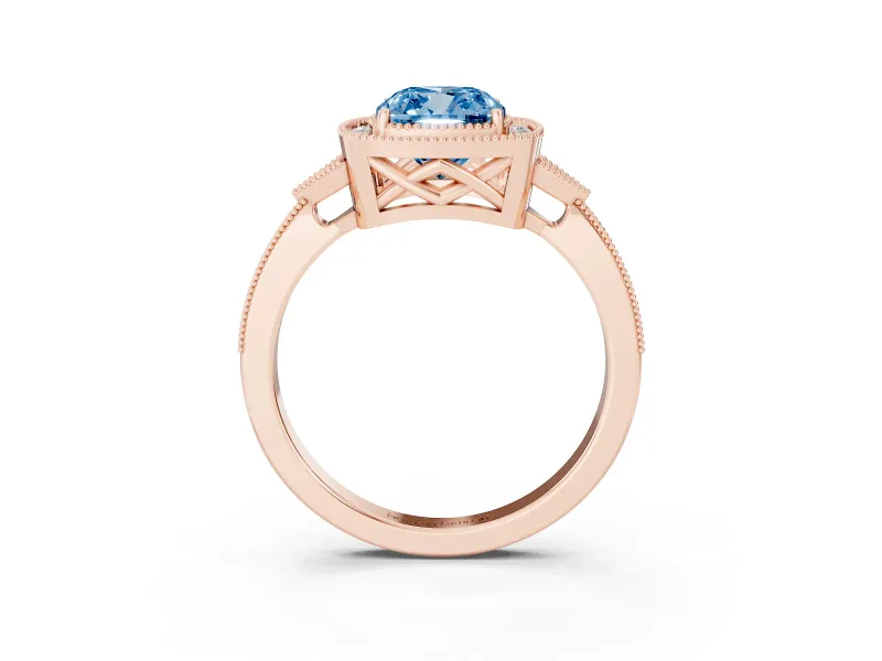 Fancy Blue Cushion Cut Diamond Halo Engagement Ring Set in Rose gold with Milgrain Pavé Band