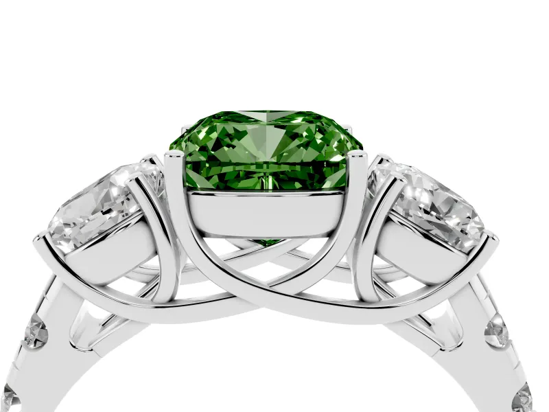 Cushion Cut Three Stone Engagement Ring Setting for a Fancy Green Lab-Grown Diamond | Accented Shoulders | Platinum