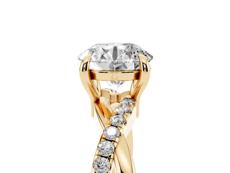Round Cut Diamond Twist Band Solitaire Set in Yellow gold with Pavé Accents and Prong Setting