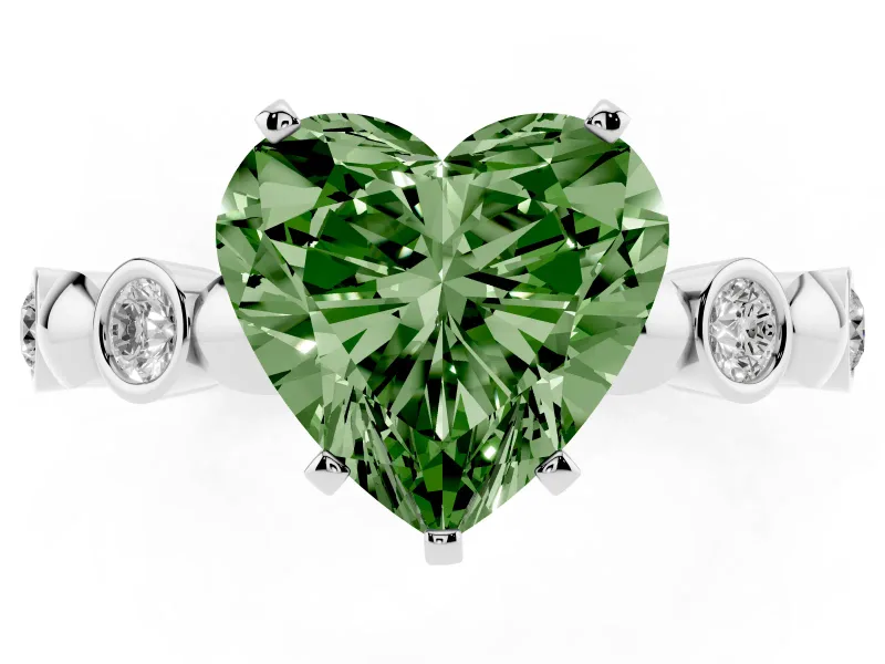 Fancy Green Heart Cut Diamond Solitaire Ring Set in White gold with Bezel-Set Accents on Beaded Band and Prong Setting