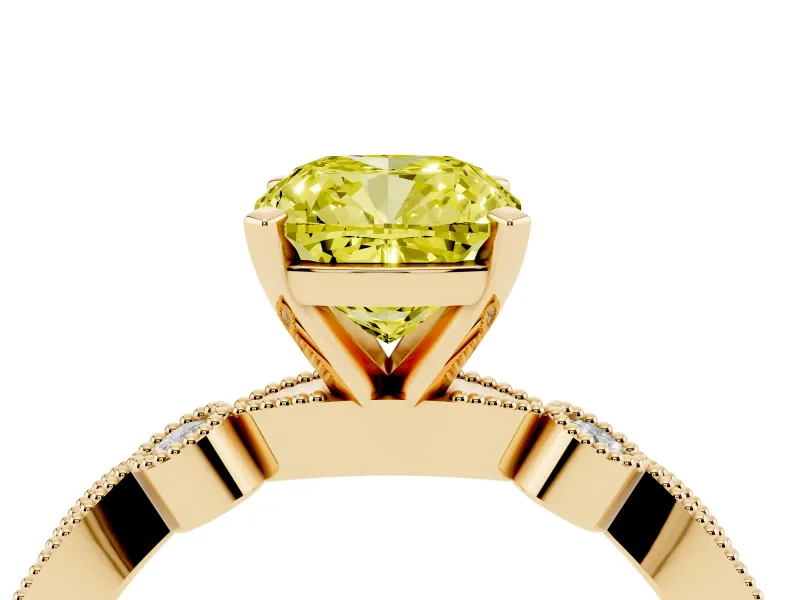 Fancy Yellow Cushion Cut Diamond Solitaire Engagement Ring Set in Yellow gold with Milgrain Bezel Accent Band
