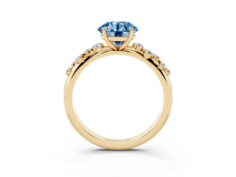 Fancy Blue Round Cut Diamond Cluster Solitaire Ring Set in Yellow gold with Prong Setting