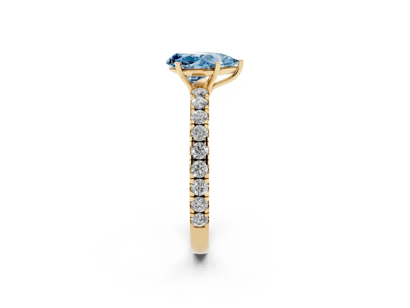Pear-Shaped Pave Solitaire Engagement Ring Setting for a Fancy Blue Lab-Grown Diamond | Shared Prong Band | Yellow Gold