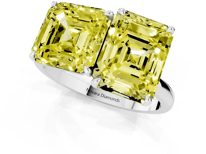 Fancy Yellow Asscher Cut and Emerald Cut Toi Moi Ring Set in Silver with Prong Setting