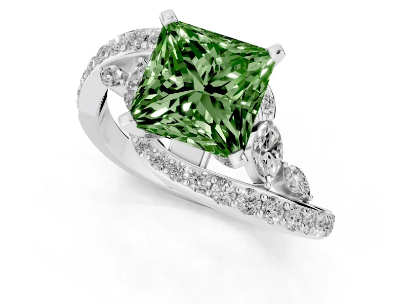 Fancy Green Princess Cut Diamond Solitaire Ring Set in White gold with Pavé Twist Band and Secure Prong Setting