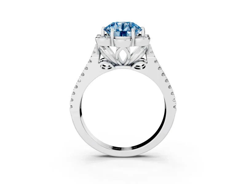 Round Petal Frame Floral Halo Engagement Ring Setting for a Fancy Blue Lab-Grown Diamond | Pavé Split Shank | White Gold