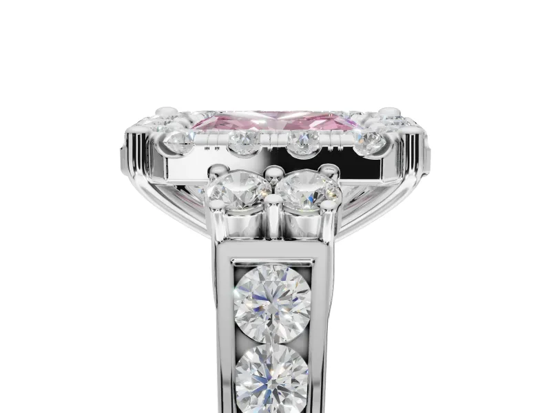 Radiant Cut Halo Engagement Ring Setting for a Fancy Pink Lab-Grown Diamond | Graduated Channel Band | Platinum