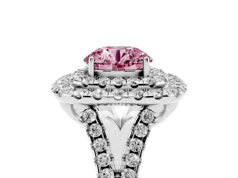 Round Halo Split Shank Engagement Ring Setting for a Fancy Pink Lab-Grown Diamond | Pavé Strands | White Gold