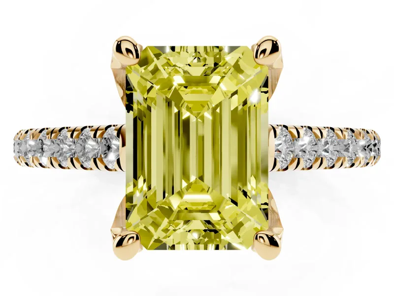 Emerald Cut Hidden Halo Pave Engagement Ring Setting for a Fancy Yellow Lab-Grown Diamond | Claw Prongs | Yellow Gold
