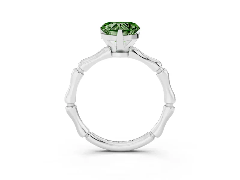 Fancy Green Heart Cut Diamond Solitaire Ring Set in Silver with Bamboo Band and Prong Setting