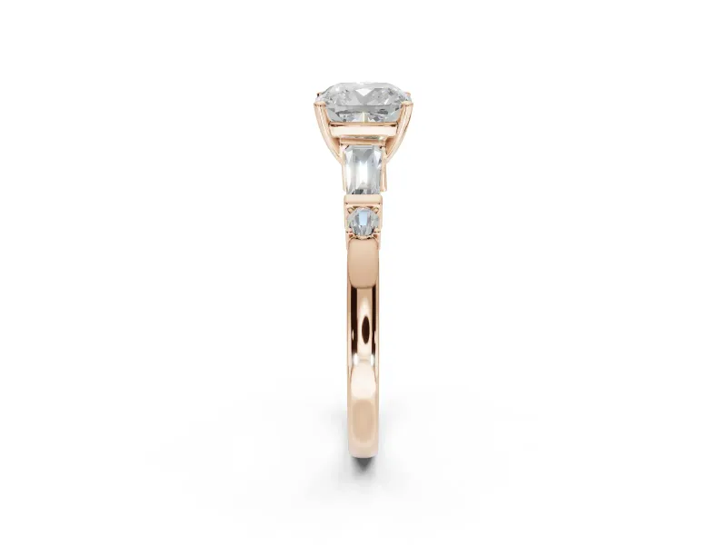 Cushion Cut Tapered Baguette Engagement Ring Setting | Bar Set Sides | Rose Gold