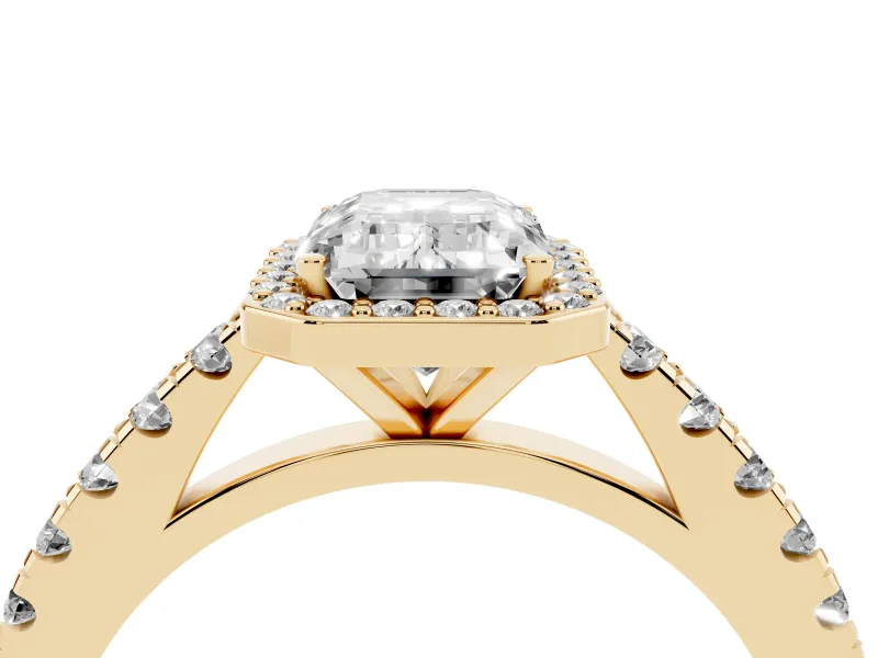 Emerald Cut Diamond Halo Engagement Ring Set in Yellow gold with Pavé Band and Prong Setting