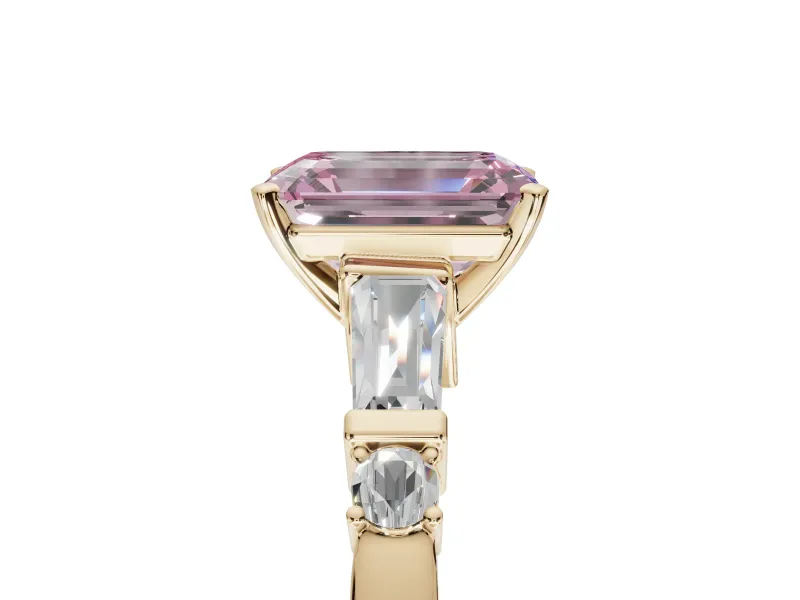Emerald Cut Tapered Baguette Engagement Ring Setting for a Fancy Pink Lab-Grown Diamond | Bar Set Sides | Yellow Gold