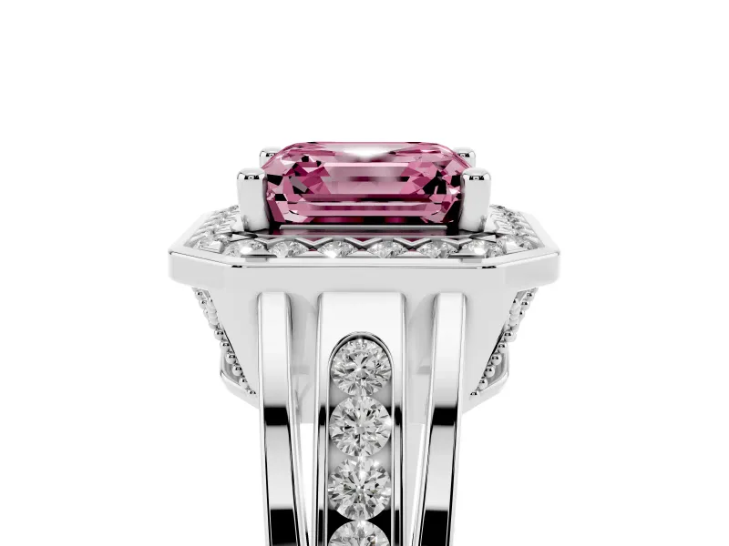 Asscher Cut Halo Engagement Ring Setting for a Fancy Pink Lab-Grown Diamond | Channel-Set Split Shank | Sterling Silver
