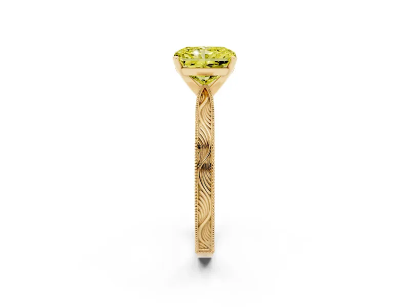 Fancy Yellow Radiant Cut Diamond Solitaire Milgrain Engraved Band Set in Yellow gold with Prong Setting
