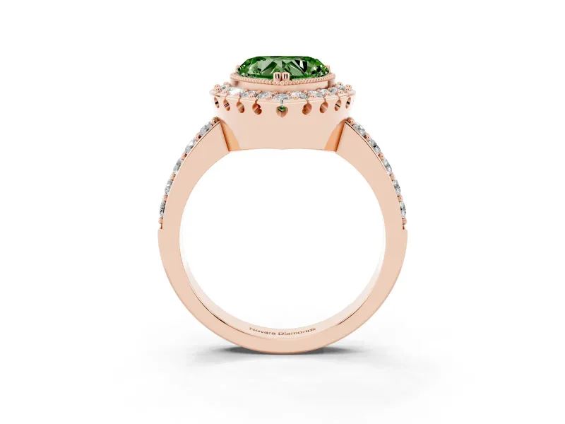 Heart-Shaped Milgrain Halo Engagement Ring Setting for a Fancy Green Lab-Grown Diamond | Pavé Shoulders | Rose Gold