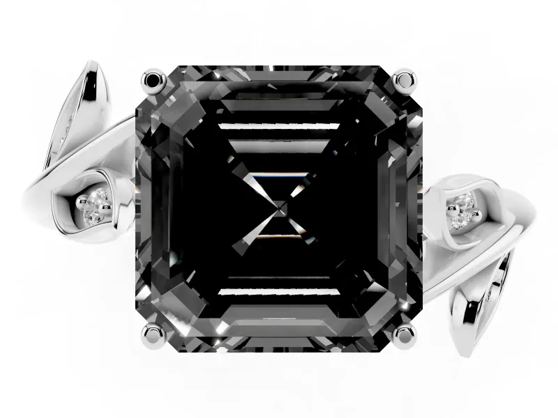 Asscher Cut Twisted Bypass Engagement Ring Setting for a Black Center | Accented Leaves | Platinum