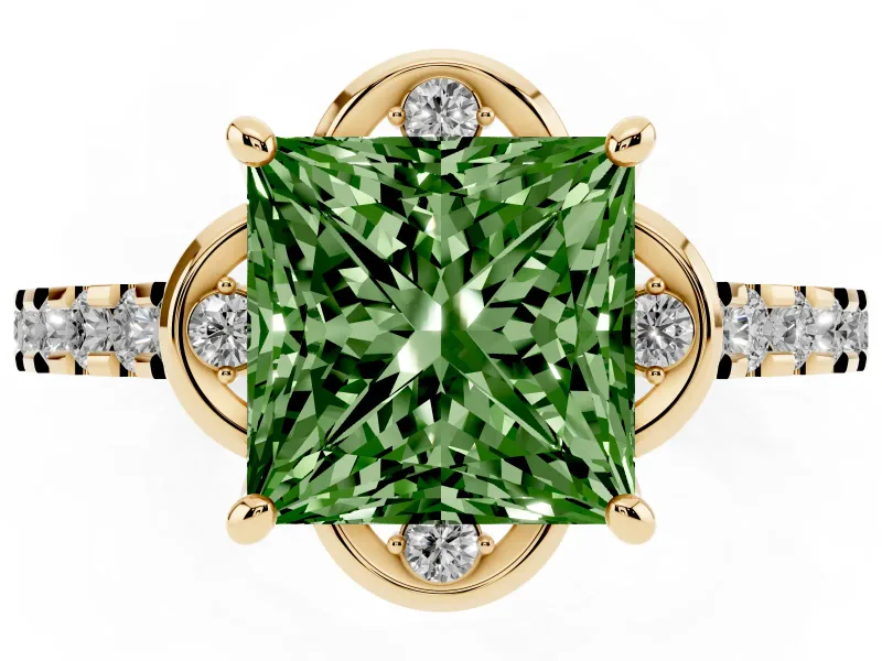 Princess Cut Floral Petal Engagement Ring Setting for a Fancy Green Lab-Grown Diamond | Petal Accents | Yellow Gold