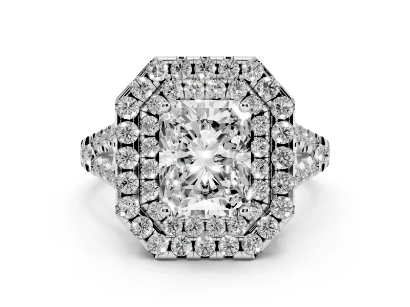 Radiant Cut Diamond Double Halo Ring Set in White gold with Pavé Split Shank and Prong Setting