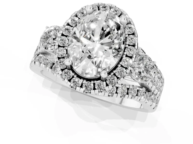 Oval Halo Split Shank Engagement Ring Setting | Round Side Stones | Platinum