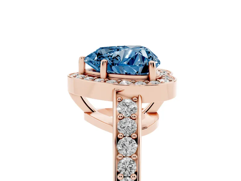 Fancy Blue Heart Cut Diamond Halo Pavé Engagement Ring Set in Rose gold with Bezel Setting