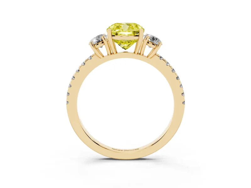 Cushion Cut Three Stone Engagement Ring Setting for a Fancy Yellow Lab-Grown Diamond | Pave Shoulders | Yellow Gold