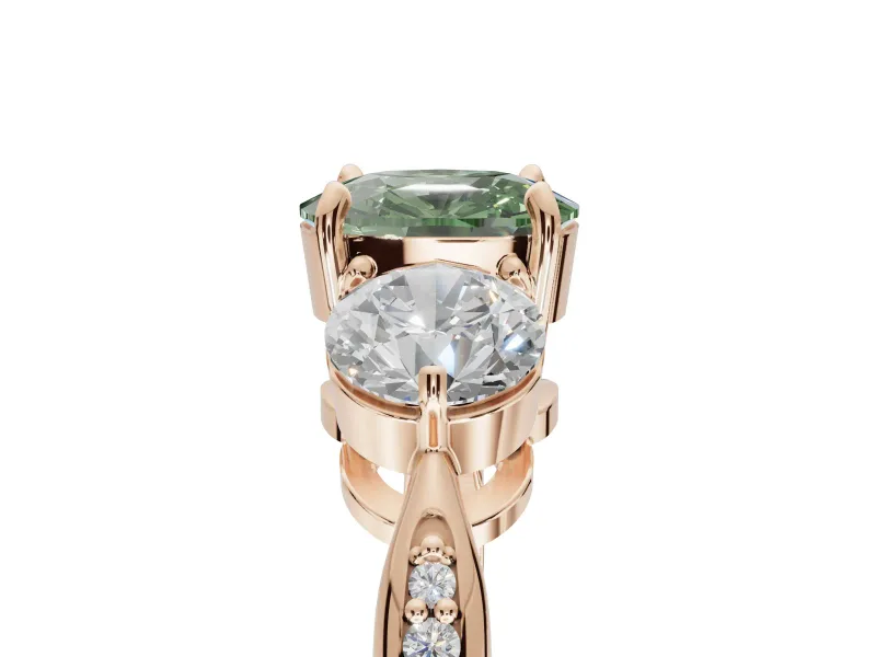 Cushion Cut Three Stone Engagement Ring Setting for a Fancy Green Lab-Grown Diamond | Tapered Pave Band | Rose Gold