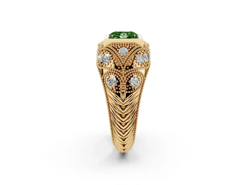Fancy Green Princess Cut Diamond Bezel Ring Set in Yellow gold with Milgrain Accent Band