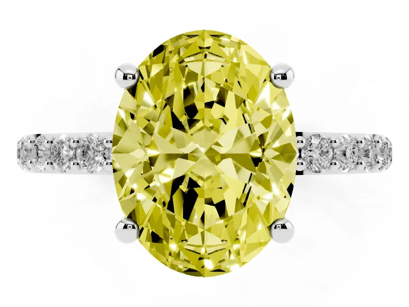 Fancy Yellow Oval Cut Diamond Solitaire Ring Set in Platinum with Round Pavé Band and Prong Setting