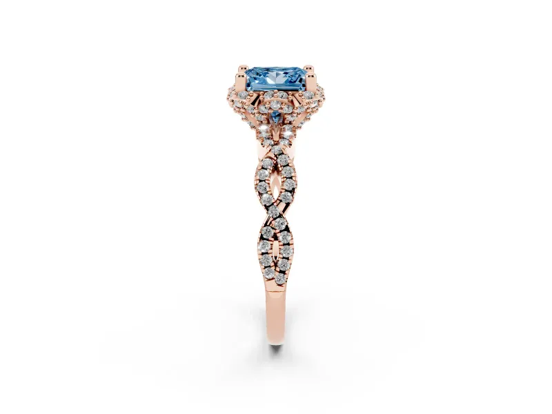 Princess Cut Milgrain Halo Engagement Ring Setting for a Fancy Blue Lab-Grown Diamond | Graduated Shoulders | Rose Gold