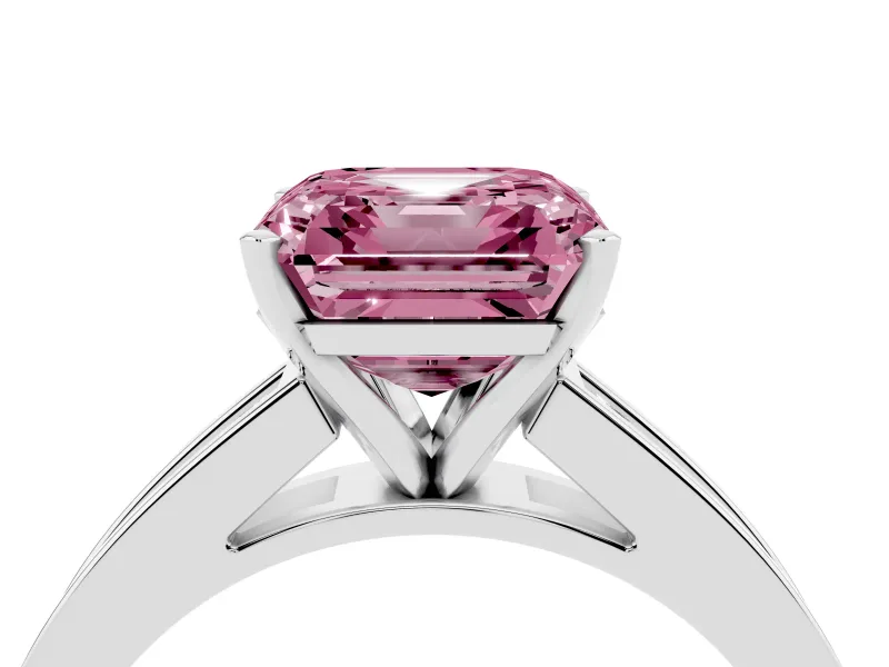 Fancy Pink Asscher Cut Diamond Solitaire Ring Set in Platinum with Channel-Set Band and Prong Setting