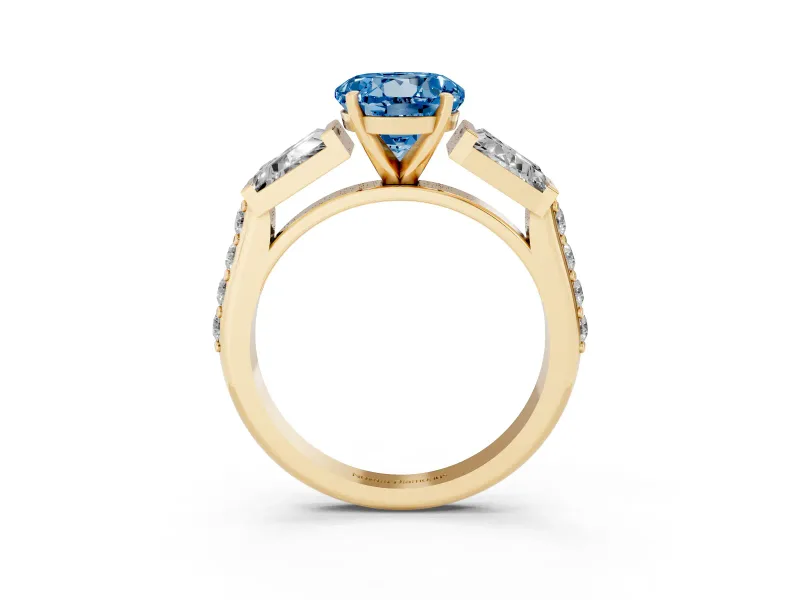 Fancy Blue Round Cut Diamond Engagement Ring Set in Yellow gold with Baguette Side Stones and Channel Set Band