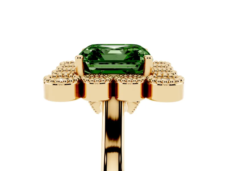 Asscher Cut Milgrain Cluster Halo Engagement Ring Setting for a Fancy Green Lab-Grown Diamond | Plain Band | Yellow Gold