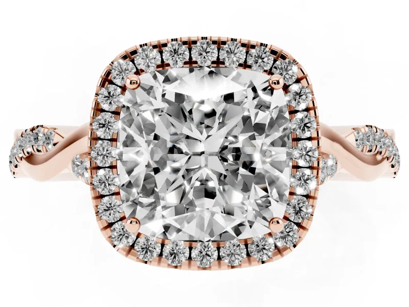 Cushion Cut Halo Engagement Ring Setting | Pavé Twist Band | Rose Gold