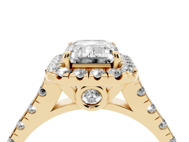 Emerald Cut Halo Engagement Ring Setting | Shared Prong Shoulders | Yellow Gold