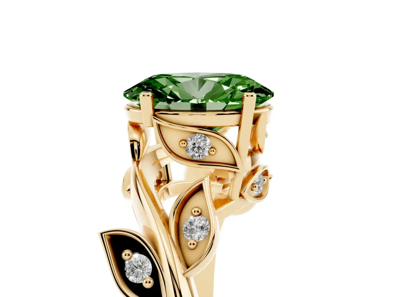 Fancy Green Oval Cut Diamond Solitaire Twist Engagement Ring Set in Yellow gold with Pavé Leaf Accents