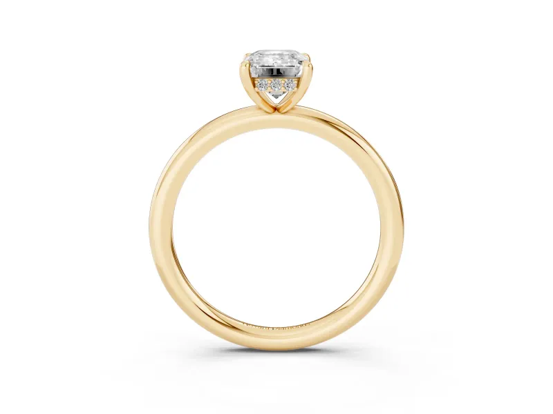 Emerald Cut Diamond Solitaire Ring Set in Yellow gold with Thin Band and Prong Setting