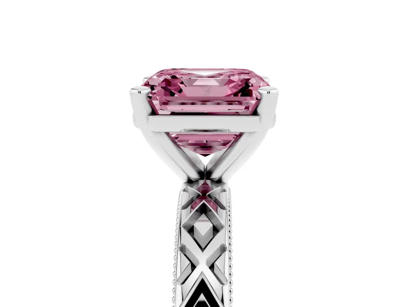 Fancy Pink Asscher Cut Diamond Solitaire Ring Set in Silver with Milgrain and Black Enamel X Pattern Band