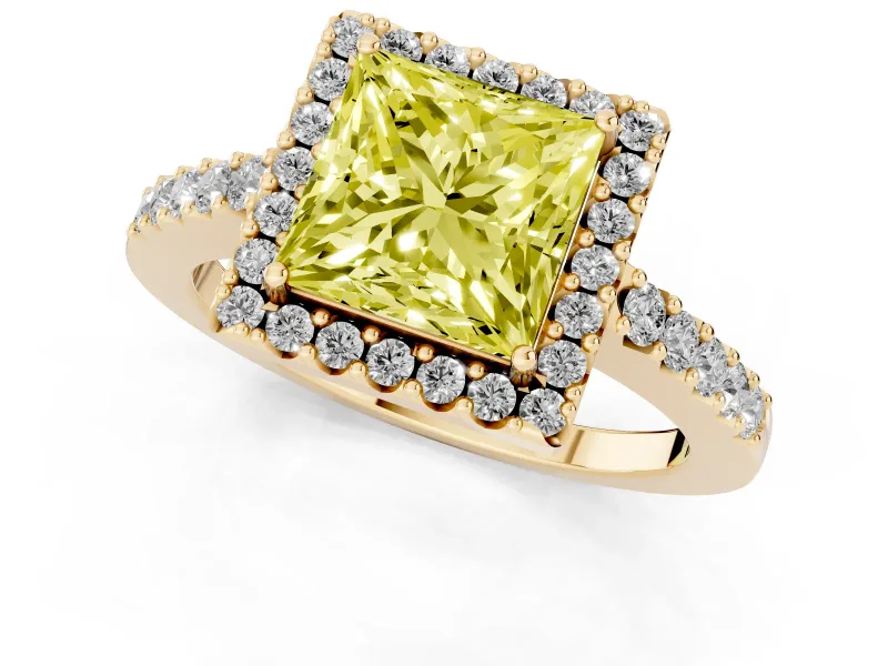 Fancy Yellow Princess Cut Diamond Halo Pavé Solitaire Ring Set in Yellow gold with Prong-Set Center Stone