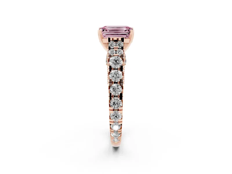 Emerald Cut Graduated Cathedral Engagement Ring Setting for a Fancy Pink Lab-Grown Diamond | Side Stones | Rose Gold