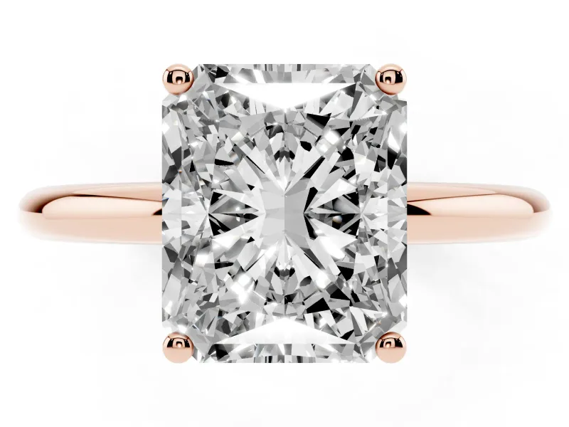 Radiant Cut Diamond Solitaire Engagement Ring Set in Rose gold with Prong Setting and Polished Band