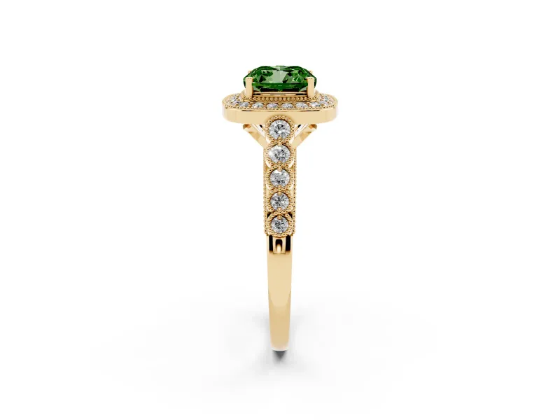 Cushion Cut Graduated Milgrain Halo Engagement Ring Setting for a Fancy Green Lab-Grown Diamond | Yellow Gold