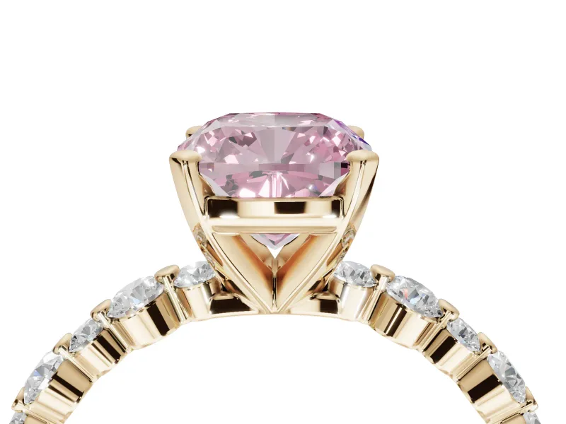 Cushion Cut Pavé Engagement Ring Setting for a Fancy Pink Lab-Grown Diamond | Alternating Accents | Yellow Gold