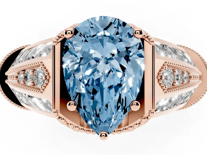 Pear-Shaped Vintage Milgrain Engagement Ring Setting for a Fancy Blue Lab-Grown Diamond | Hidden Halo | Rose Gold
