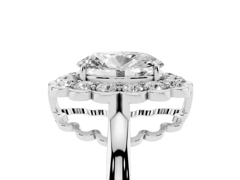 Oval Scalloped Cluster Halo Engagement Ring Setting | Plain Band | Sterling Silver