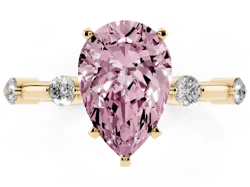 Fancy Pink Pear Cut Diamond Solitaire Ring Set in Yellow gold with Bezel Set Side Stones and Prong Setting