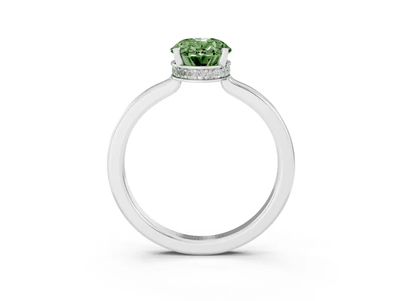 Fancy Green Oval Cut Diamond Solitaire Engagement Ring Set in Silver with Prong Setting on a Plain Band