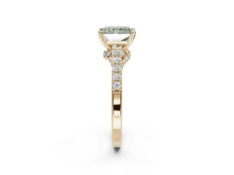 Radiant Cut Pavé Solitaire Engagement Ring Setting for a Fancy Green Lab-Grown Diamond | Crossover Gallery | Yellow Gold